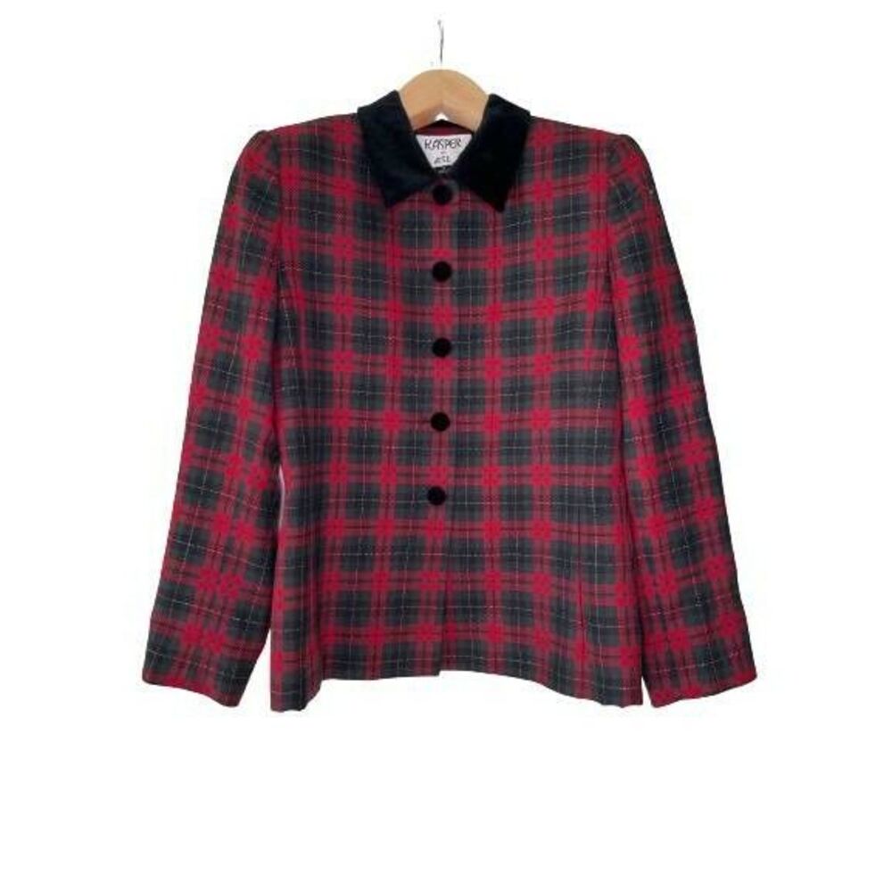 Kasper Jacket Womens 8 Red Black Coat Plaid Lined Collared Long Sleeve
